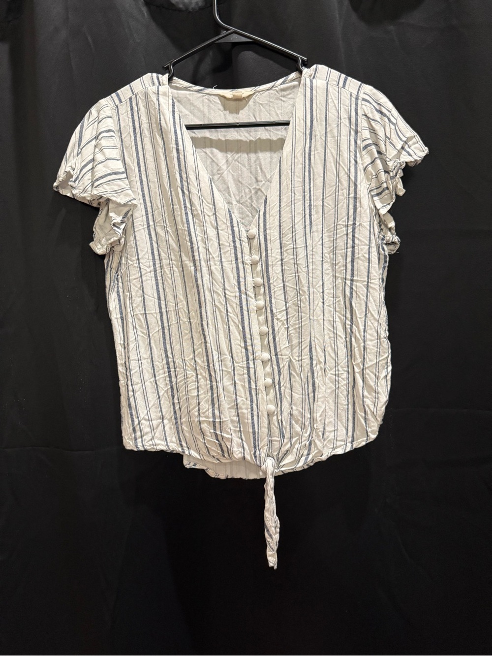 Striped V‑Neck Button Tie‑Hem Blouse - White/Blue